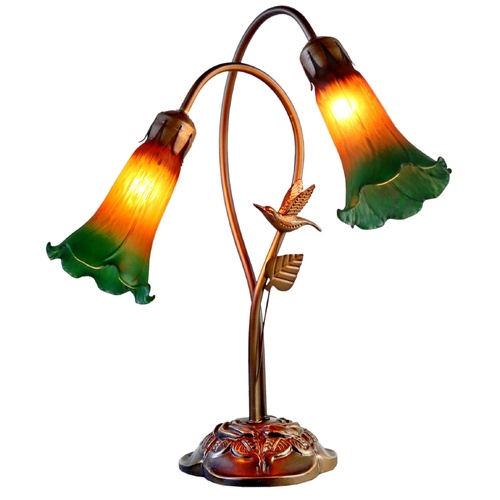 Twin Hummingbird Lily Lamp Amber Green